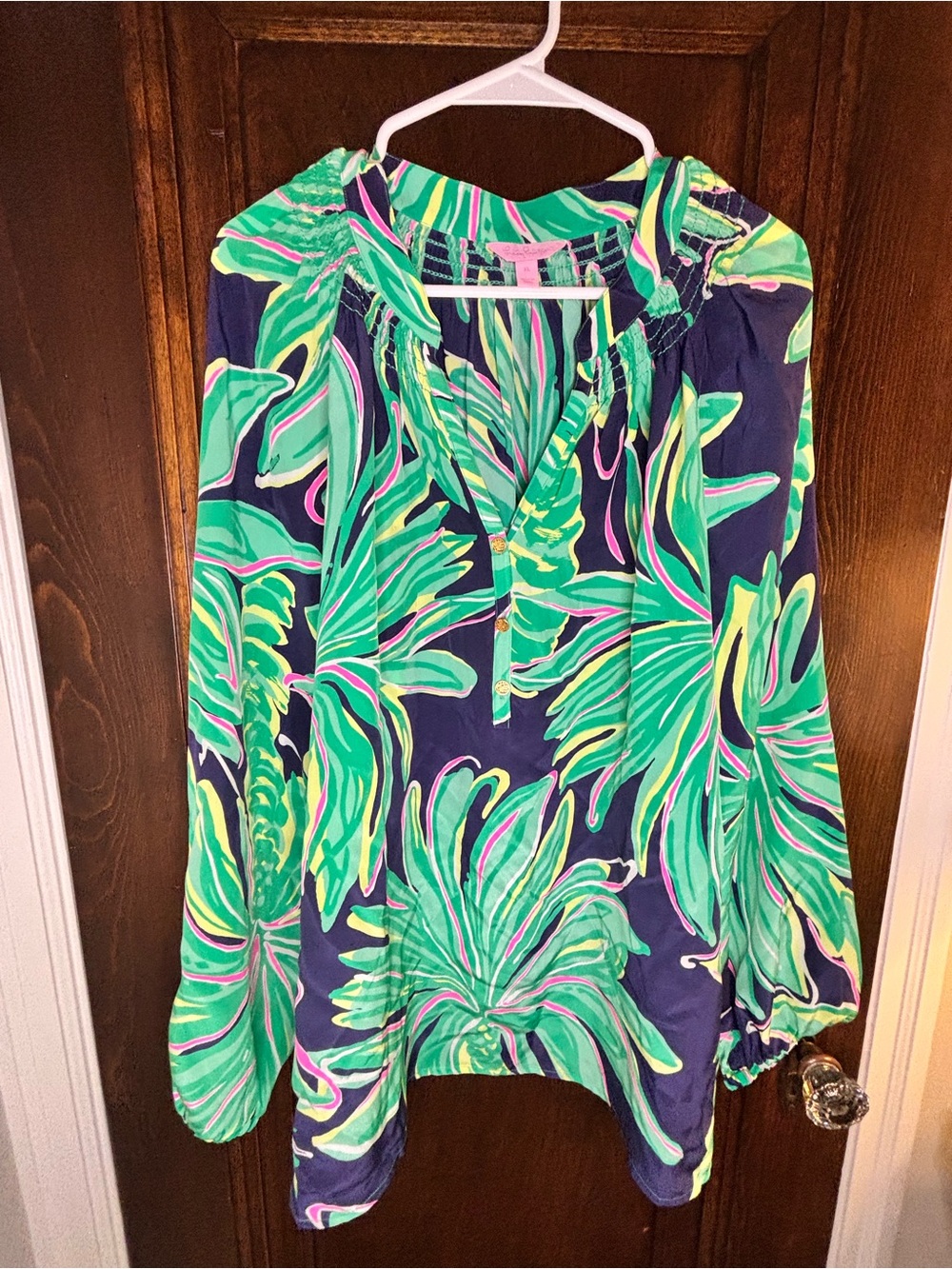 Lilly Pulitzer 100% silk long sleeve blouse tunic navy green pink leaves XL